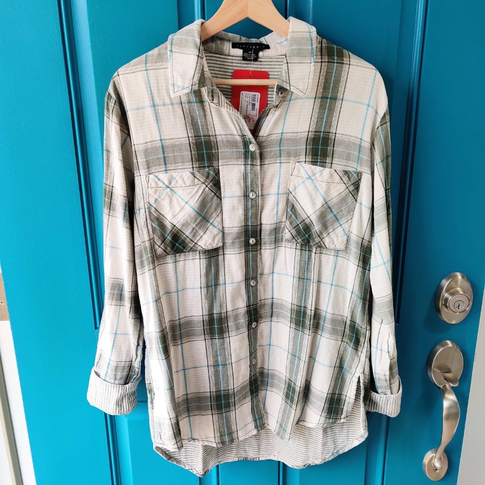 NEW $79 SANCTUARY Button-Up Shirt Green Plaid Med - Picture 2 of 13